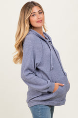 Denim Blue Long Sleeve Solid Maternity Hoodie Top