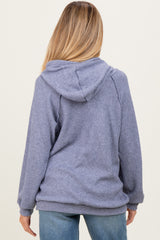 Denim Blue Long Sleeve Solid Maternity Hoodie Top