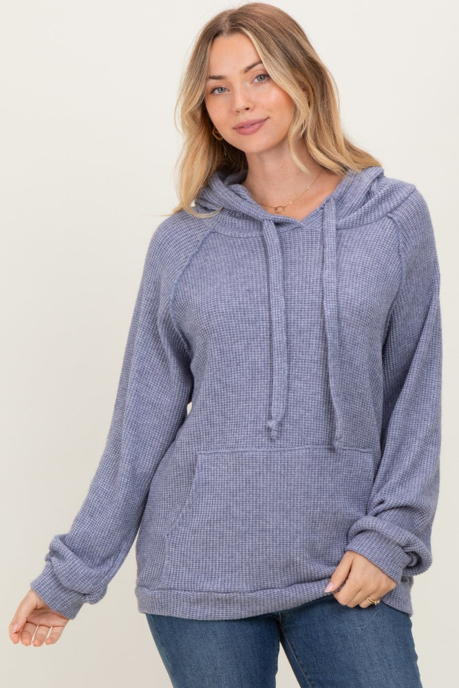 Denim Blue Long Sleeve Solid Hoodie Top