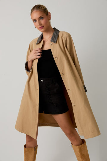 Camel Plaid Contrast A-Line Midi Trench Coat