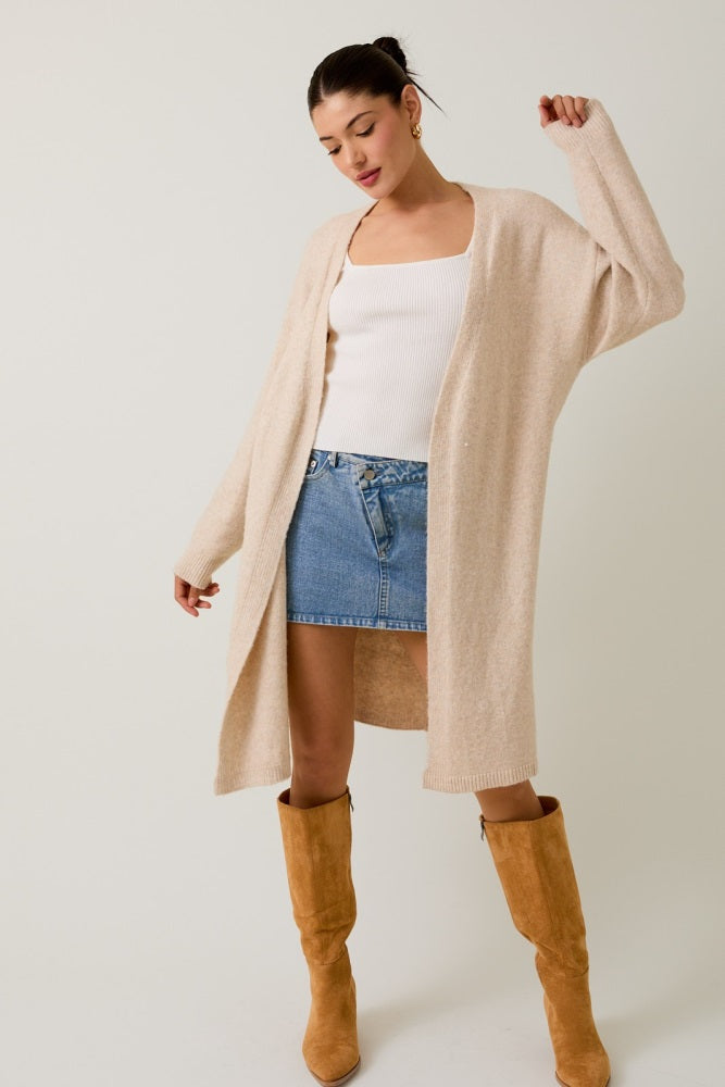 Cream Brushed Knit Open Long Cardigan