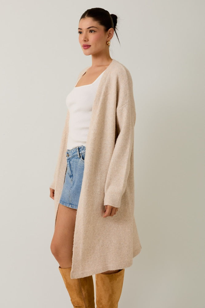 Cream Brushed Knit Open Long Cardigan