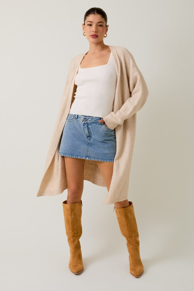 Cream Brushed Knit Open Long Cardigan
