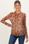 Brown Printed Mesh Mock Neck Maternity Long Sleeve