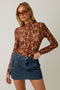 Brown Printed Mesh Mock Neck Long Sleeve
