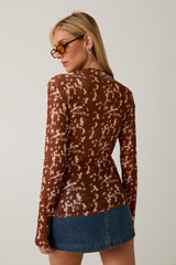 Brown Printed Mesh Mock Neck Long Sleeve