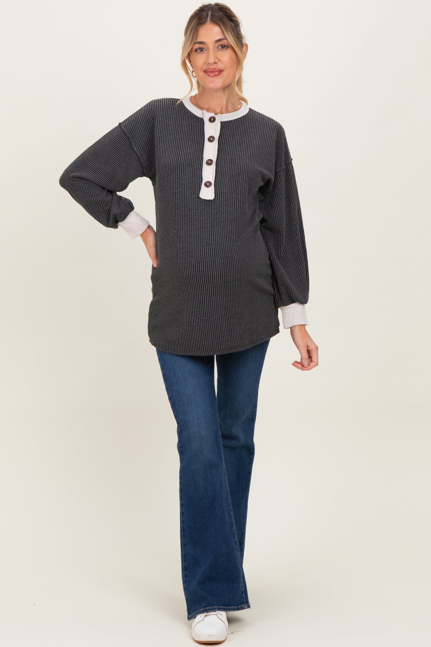 Charcoal Long Sleeve Contrast Button Detail Rib Maternity Top