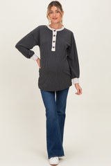 Charcoal Long Sleeve Contrast Button Detail Rib Maternity Top