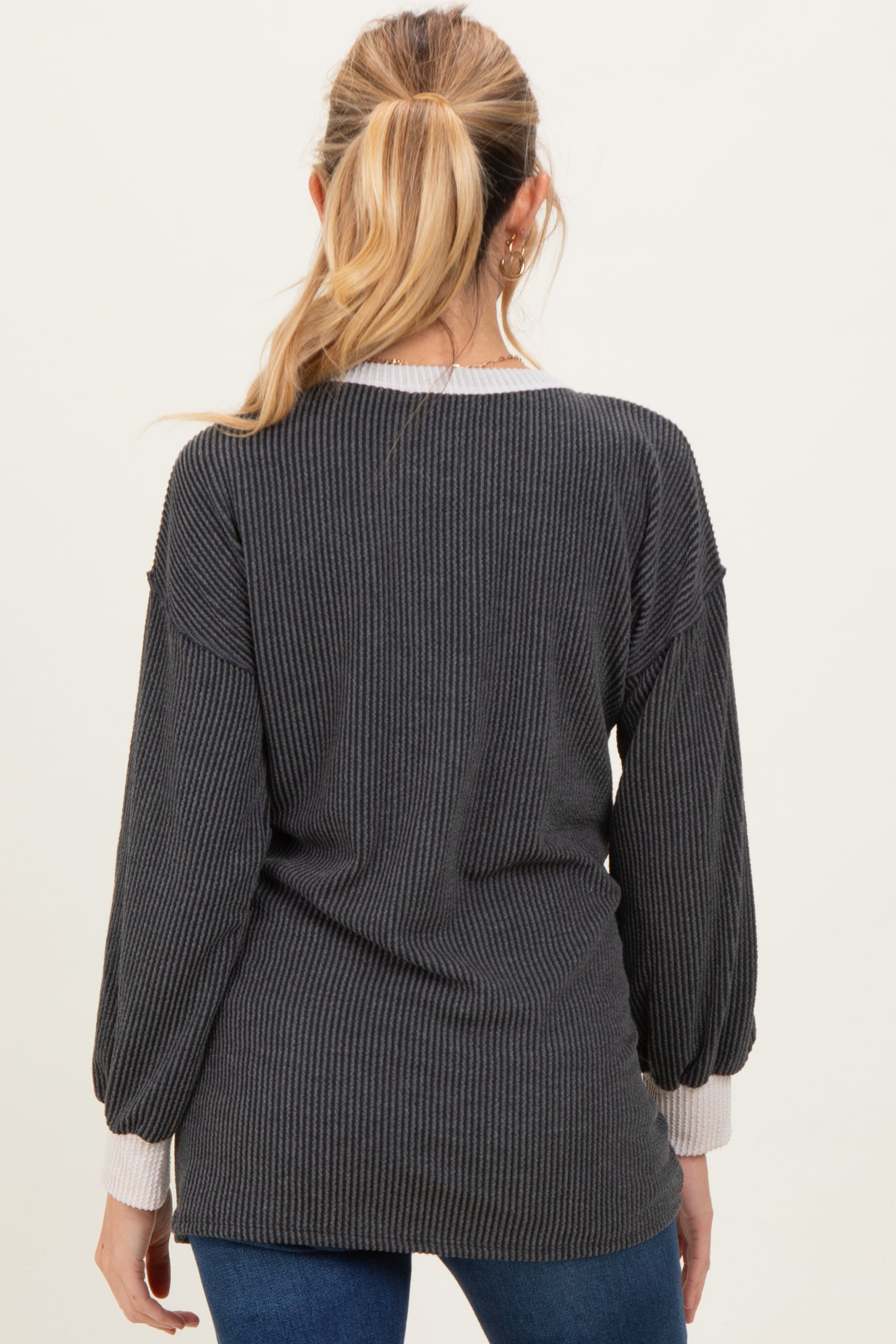 Charcoal Long Sleeve Contrast Button Detail Rib Maternity Top