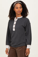 Charcoal Long Sleeve Contrast Button Detail Rib Top