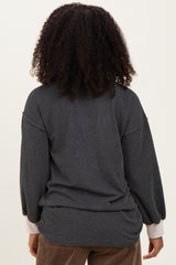 Charcoal Long Sleeve Contrast Button Detail Rib Top