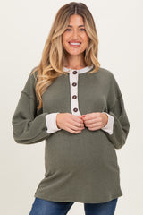 Olive Long Sleeve Contrast Button Detail Rib Maternity Top