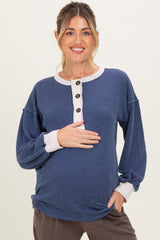 Navy Long Sleeve Contrast Button Detail Rib Maternity Top