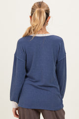 Navy Long Sleeve Contrast Button Detail Rib Maternity Top