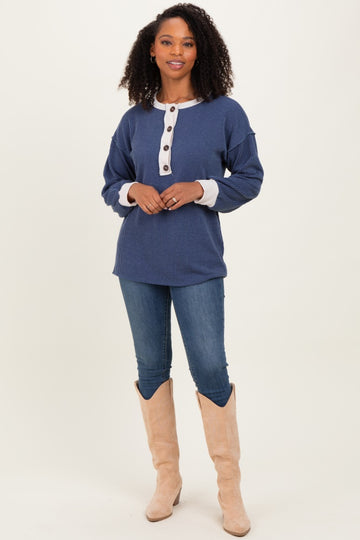 Navy Long Sleeve Contrast Button Detail Rib Top