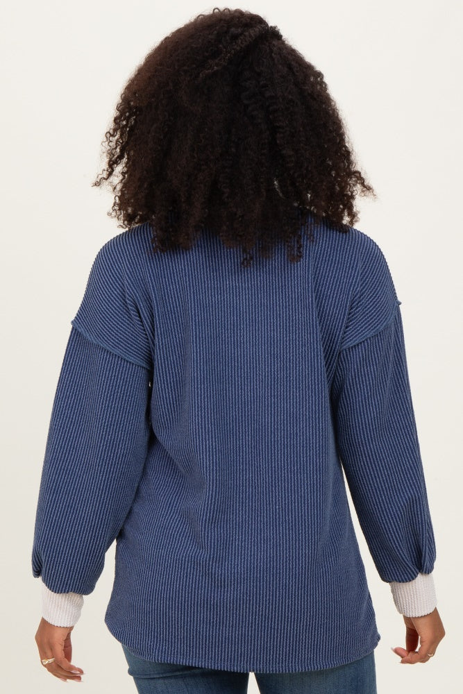 Navy Long Sleeve Contrast Button Detail Rib Top