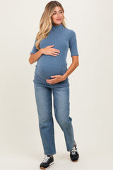 Denim Blue Soft Brushed Knit Mock Neck Maternity Top