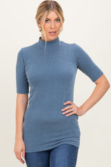 Denim Blue Soft Brushed Knit Mock Neck Maternity Top