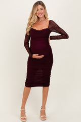 Burgundy Ruched Lace Sleeve Maternity Midi Dress