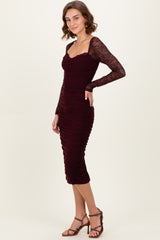 Burgundy Ruched Lace Sleeve Midi Dress