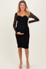 Black Ruched Lace Sleeve Maternity Midi Dress