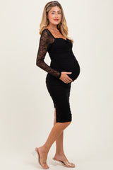 Black Ruched Lace Sleeve Maternity Midi Dress