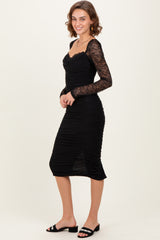 Black Ruched Lace Sleeve Midi Dress