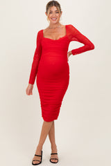 Red Ruched Lace Sleeve Maternity Midi Dress
