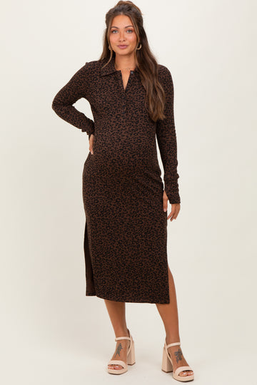 Brown Animal Print Collared Maternity Midi Dress