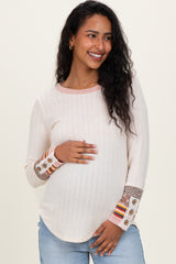 Cream Colorblock Print Detail Long Sleeve Maternity Top