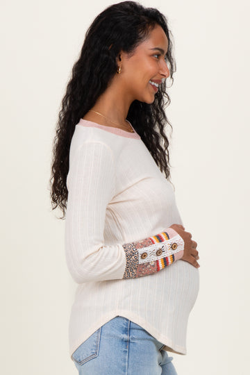 Cream Colorblock Print Detail Long Sleeve Maternity Top