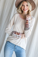 Cream Colorblock Print Detail Long Sleeve Top