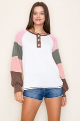 Brown Multi Textured Rib Colorblock Raglan Long Sleeve