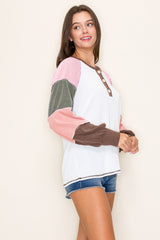 Brown Multi Textured Rib Colorblock Raglan Long Sleeve