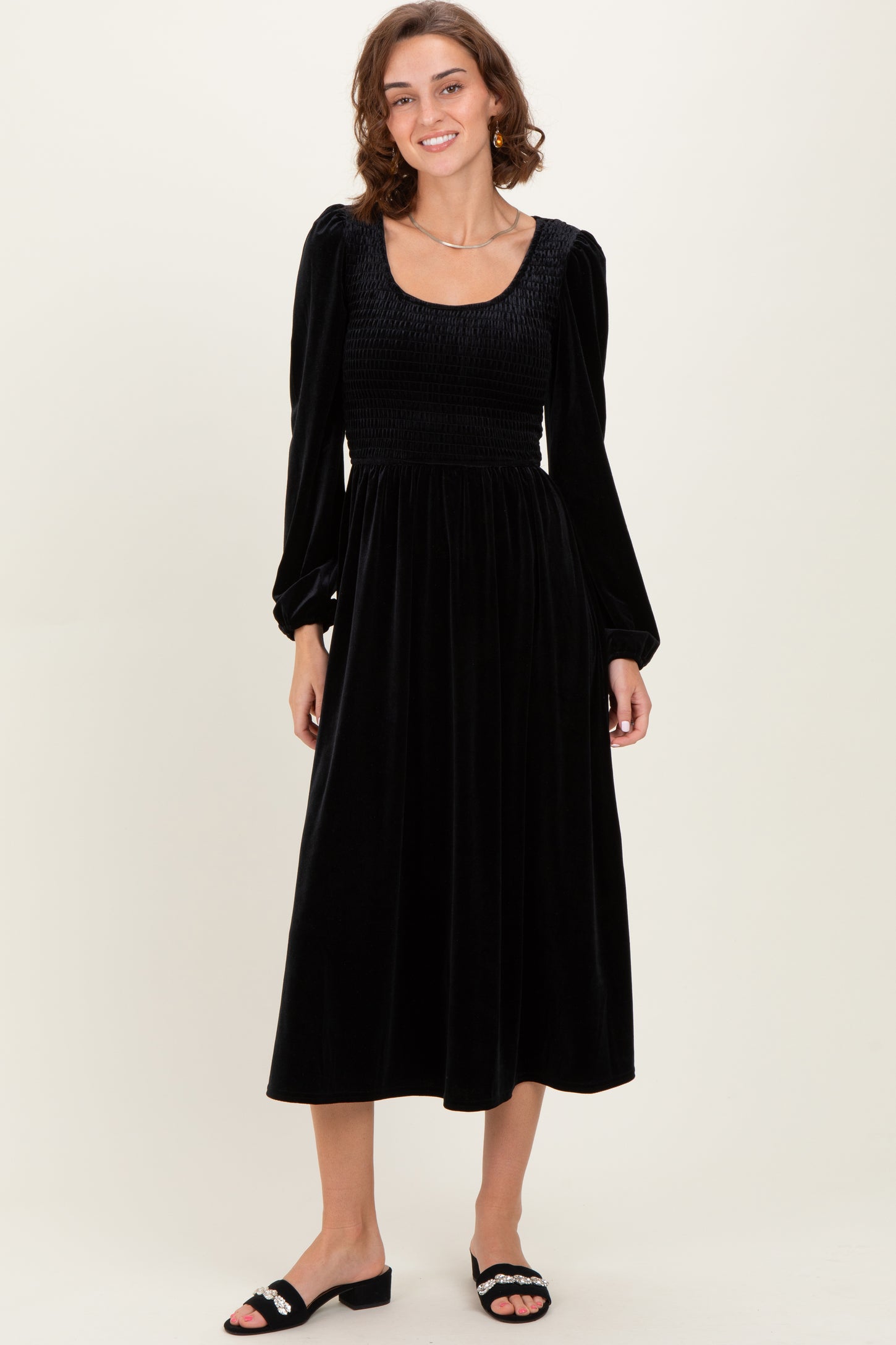Black Velvet Smocked Long Sleeve Midi Dress