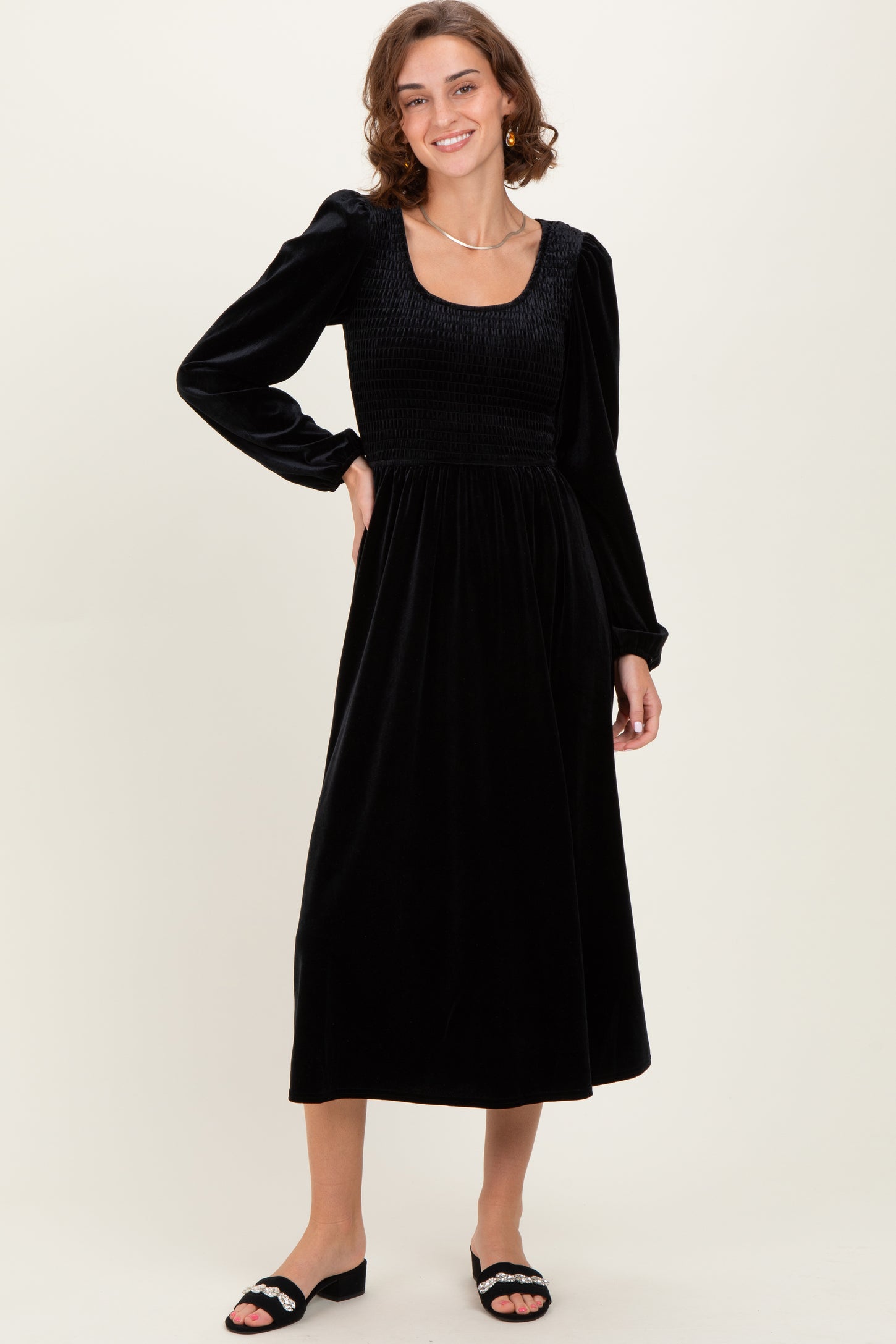 Black Velvet Smocked Long Sleeve Midi Dress