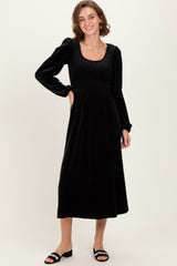 Black Velvet Smocked Long Sleeve Midi Dress