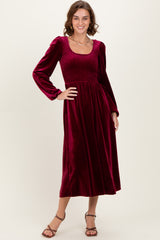 Burgundy Velvet Smocked Long Sleeve Midi Dress