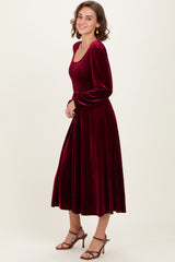 Burgundy Velvet Smocked Long Sleeve Midi Dress