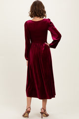 Burgundy Velvet Smocked Long Sleeve Midi Dress