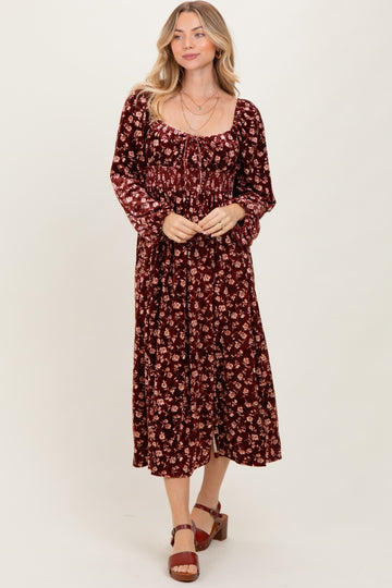 Burgundy Floral Velvet Smocked Midi Dress