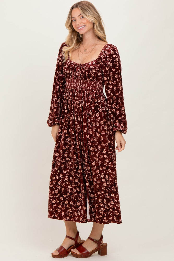 Burgundy Floral Velvet Smocked Midi Dress