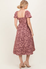 Mauve Floral Jacquard Puff Sleeve Midi Dress