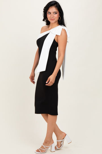 Black Oversized Bow One Shoulder Midi Dress