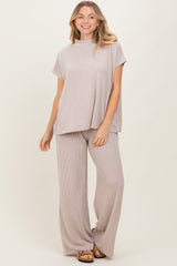 Cream Textured Rib Mock Neck Short Sleeve Pant Maternity Set