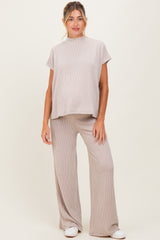 Cream Textured Rib Mock Neck Short Sleeve Pant Maternity Set