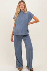 Blue Textured Rib Mock Neck Short Sleeve Pant Maternity Set