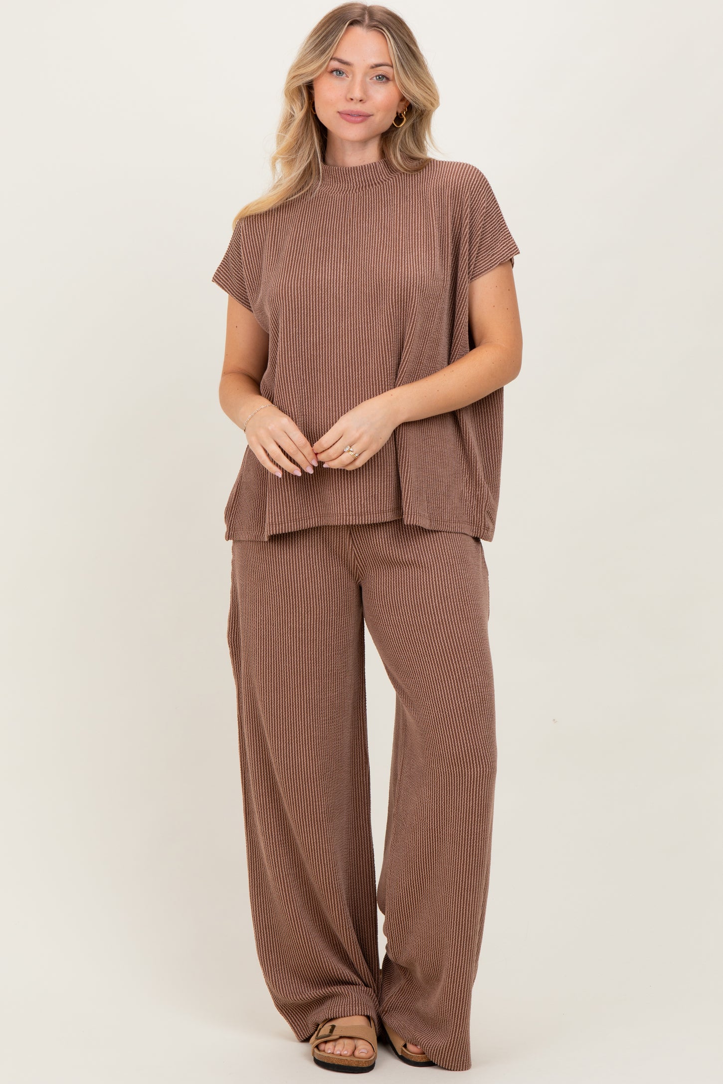 Brown Textured Rib Mock Neck Short Sleeve Pant Maternity Set