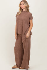 Brown Textured Rib Mock Neck Short Sleeve Pant Set