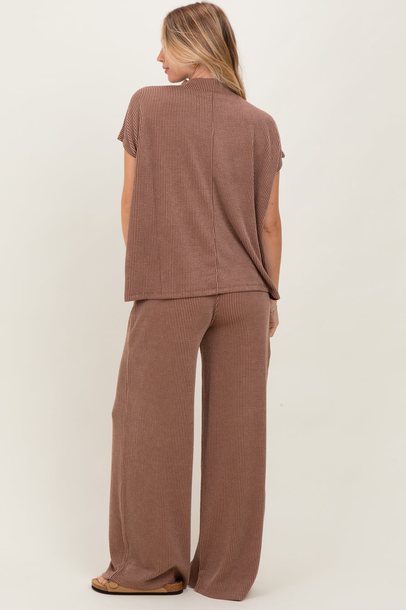 Brown Textured Rib Mock Neck Short Sleeve Pant Set